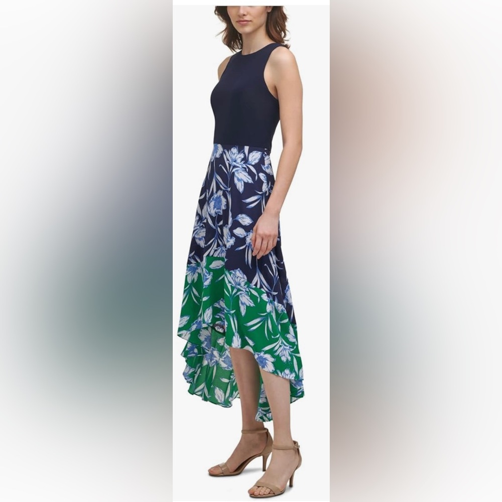 Jessica Howard Womens Navy Stretch Zippered Hi-lo Hem Lined Color Block Dress 20